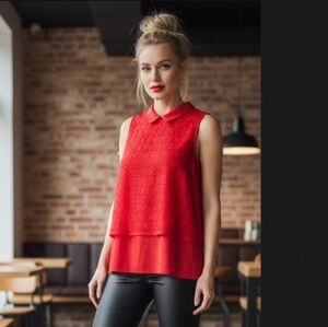 Elle  Poppy Red Lace Overlay Peter Pan Collar Top